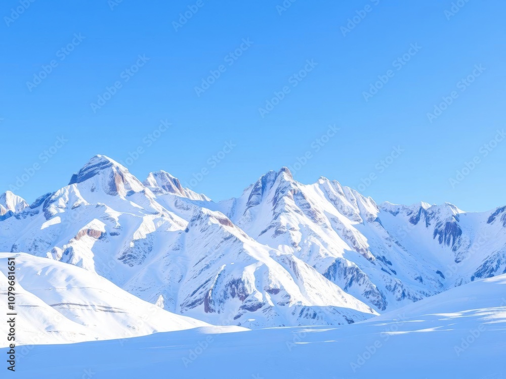 Snow-covered mountain peaks towering against a clear blue sky on a crisp winter day, scenic, winter Snow-covered mountain peaks towering against a clear blue sky on a crisp winter day, scenic, winter