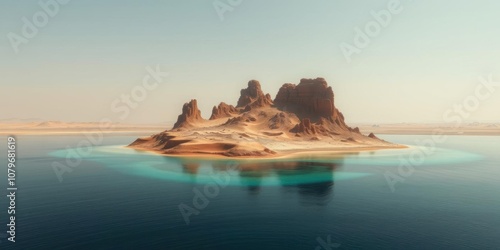 A remote, barren island in the middle of a vast desert landscape, featuring towering sand dunes and a crystal-clear oasis, remote, wilderness