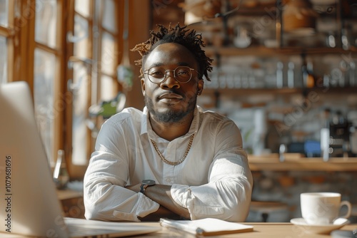 Focused African American Professional Working on Laptop in Sunlit Office