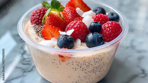 Freshly Prepared Fruit Smoothie Bowl Filled with Vibrant Berries Creamy Yogurt and Crunchy Granola Served on a Marble Tabletop A Nourishing and Visually Appealing Breakfast or Snack Option