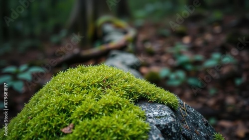 Close up shot of a lush green moss plant covering a rock in a forest setting, organic, macro