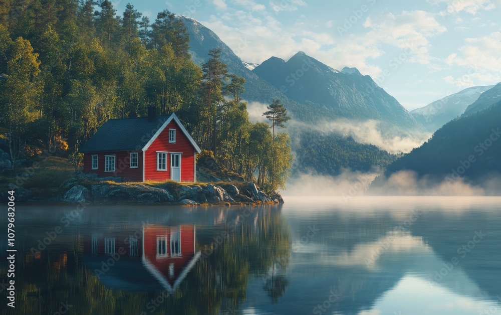 A picturesque red house by a tranquil Norwegian lake, with mist hovering over the water on a calm morning. A picturesque red house by a tranquil Norwegian lake, with mist hovering over the water on a calm morning.