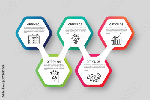 Business infographic design with 5 options. Hexagon timeline infographic template 5 steps