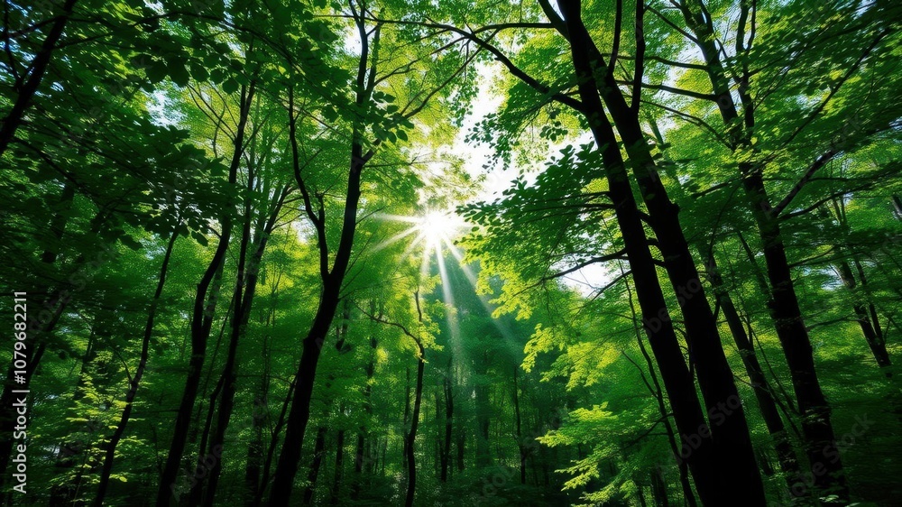 Naklejka premium A serene wallpaper featuring a lush green forest with sunlight filtering through the leaves, creating a tranquil natural setting, environment, peaceful