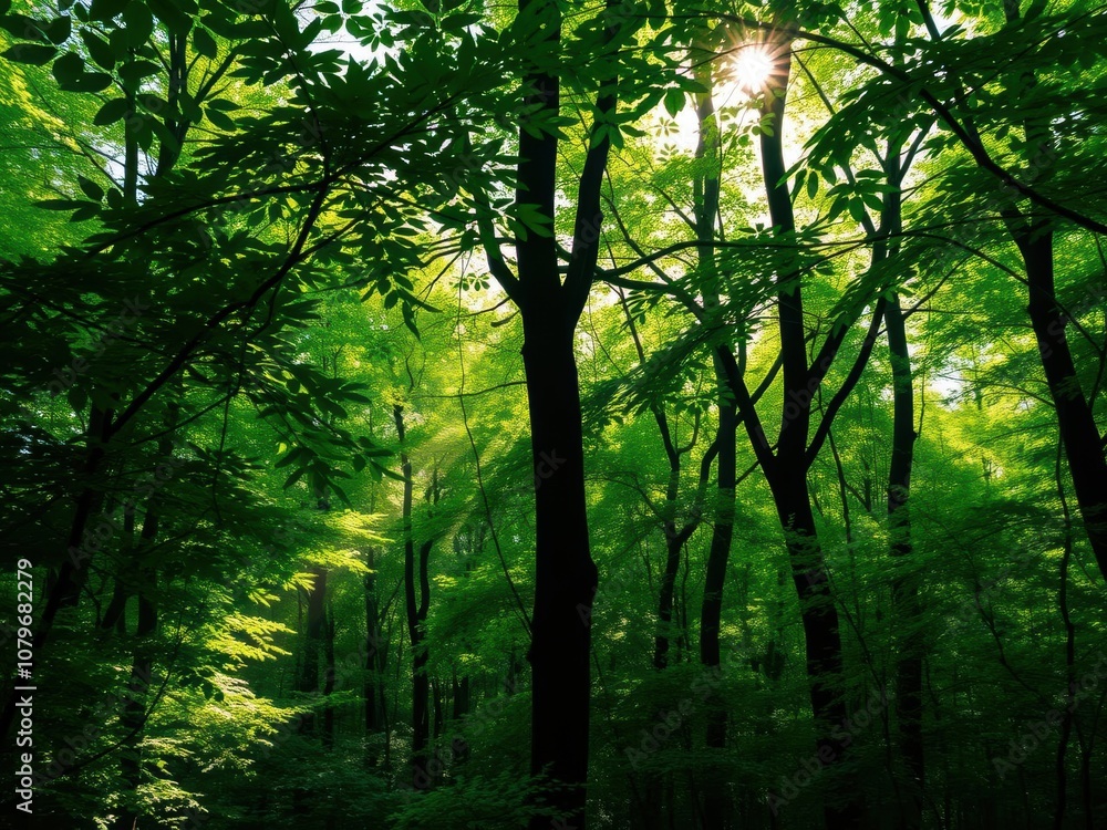 Naklejka premium Lush green forest with sunlight filtering through the leaves, creating a tranquil and soothing atmosphere, scenery, wooded area