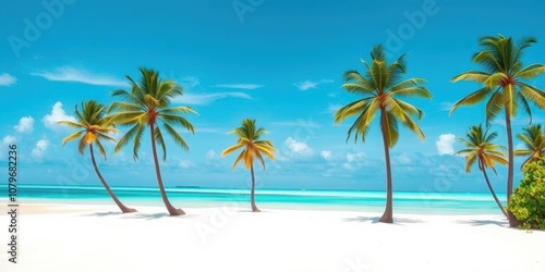 A deserted tropical island with palm trees, white sandy beaches, and turquoise waters, isolated, seclusion photo