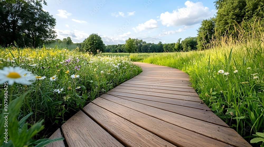 Peaceful and serene wooden boardwalk trail winding through a lush green meadow filled with blooming wildflowers and surrounded by a picturesque summer landscape of trees forests Peaceful and serene wooden boardwalk trail winding through a lush green meadow filled with blooming wildflowers and surrounded by a picturesque summer landscape of trees forests