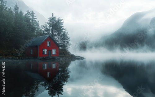 A striking red house standing by a serene lake in Norway, surrounded by mist and the beauty of nature, with a forest and mountain range in the distance. 