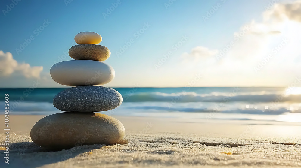 A balanced arrangement of stones stacked on a beach symbolizing harmony and balance A balanced arrangement of stones stacked on a beach symbolizing harmony and balance