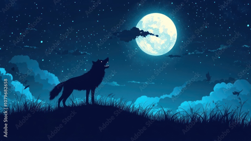 A silhouette of a wolf howling under a bright full moon amidst a starry night sky. A silhouette of a wolf howling under a bright full moon amidst a starry night sky.
