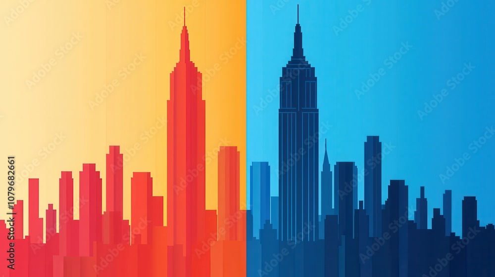 Obraz premium Economic Growth and Climate Change concept. A vibrant abstract illustration of a city skyline, featuring silhouettes against contrasting warm and cool backgrounds.