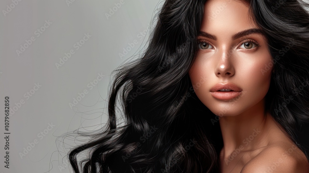 Fototapeta premium Model Girl with long wavy and shiny brown hair, AI generated image
