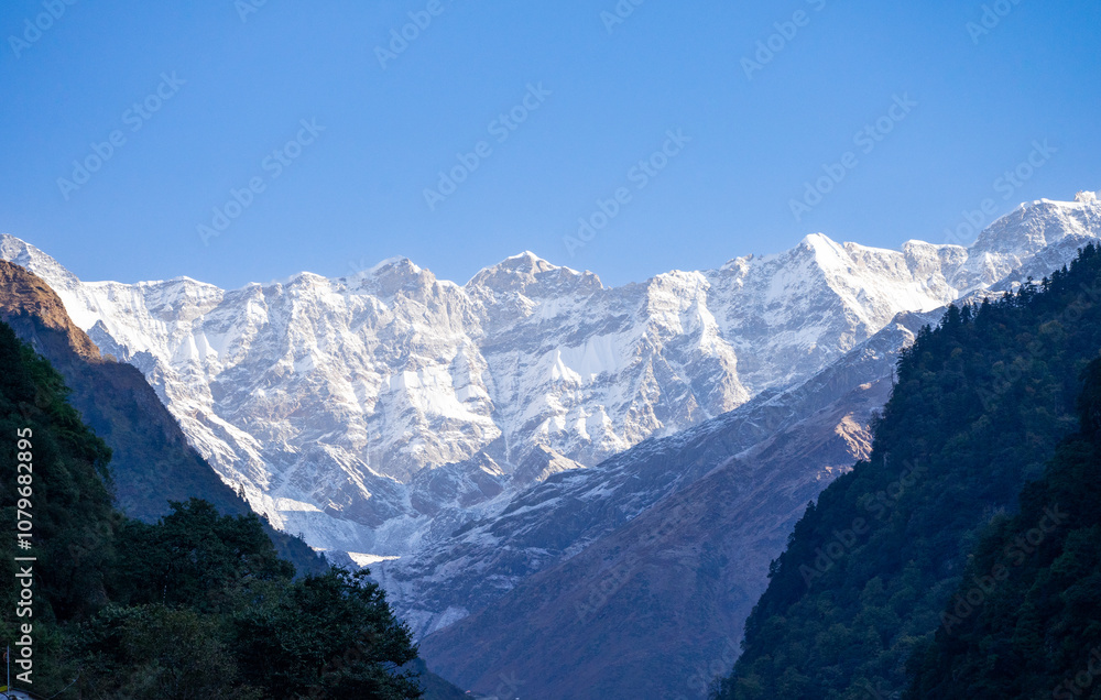 Snow covered mountains at Kedarnath Dham in the early morning Snow covered mountains at Kedarnath Dham in the early morning