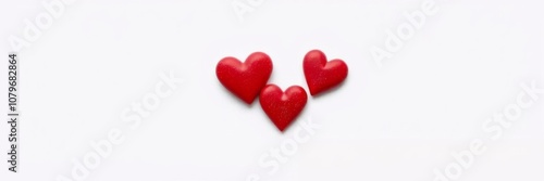 Three red heart-shaped candies arranged in a neat line on a white paper background, minimalist style, top view, Valentine's Day, romance