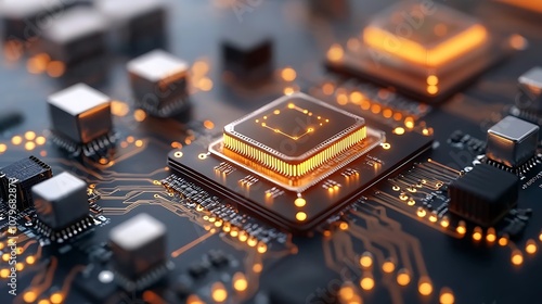 Close up view of an intricate and complex microchip circuit board with miniaturized electronic components futuristic technology patterns and interconnected digital systems photo