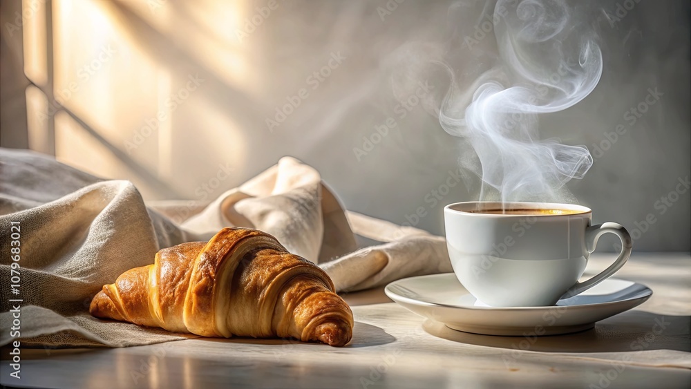 A steaming cup of coffee and a fresh, golden croissant resting on a light linen tablecloth, bathed in the warm glow of morning sunlight. A steaming cup of coffee and a fresh, golden croissant resting on a light linen tablecloth, bathed in the warm glow of morning sunlight.