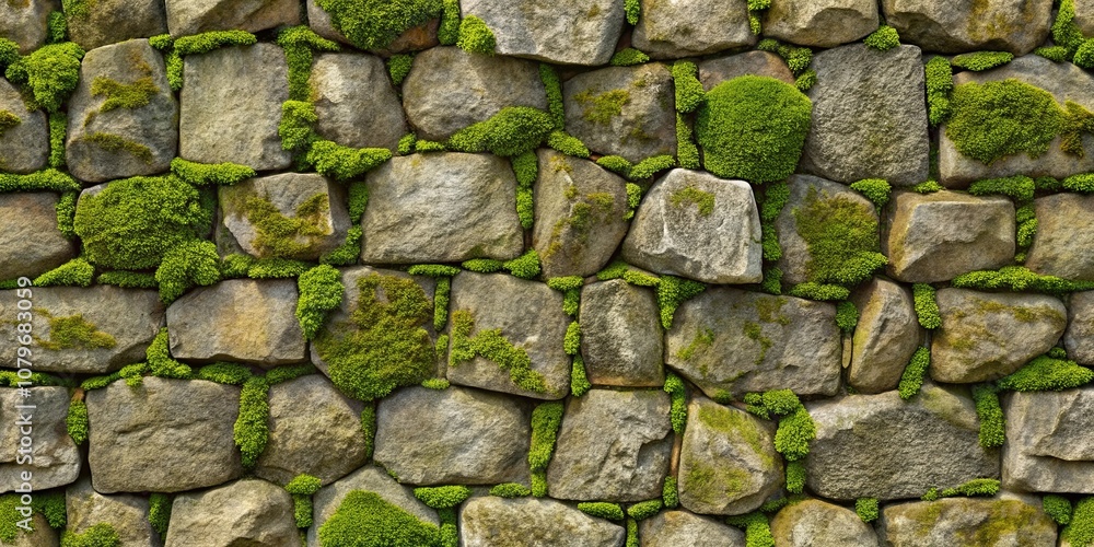 A Rustic Stone Wall with Green Moss Growing Between the Cracks, Creating a Natural and Textured Surface A Rustic Stone Wall with Green Moss Growing Between the Cracks, Creating a Natural and Textured Surface