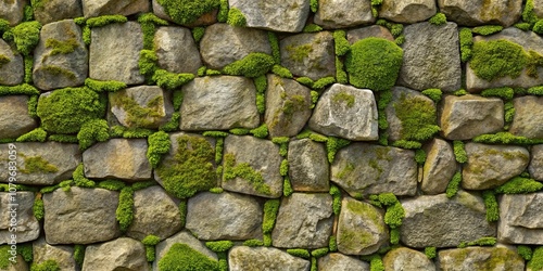 A Rustic Stone Wall with Green Moss Growing Between the Cracks, Creating a Natural and Textured Surface