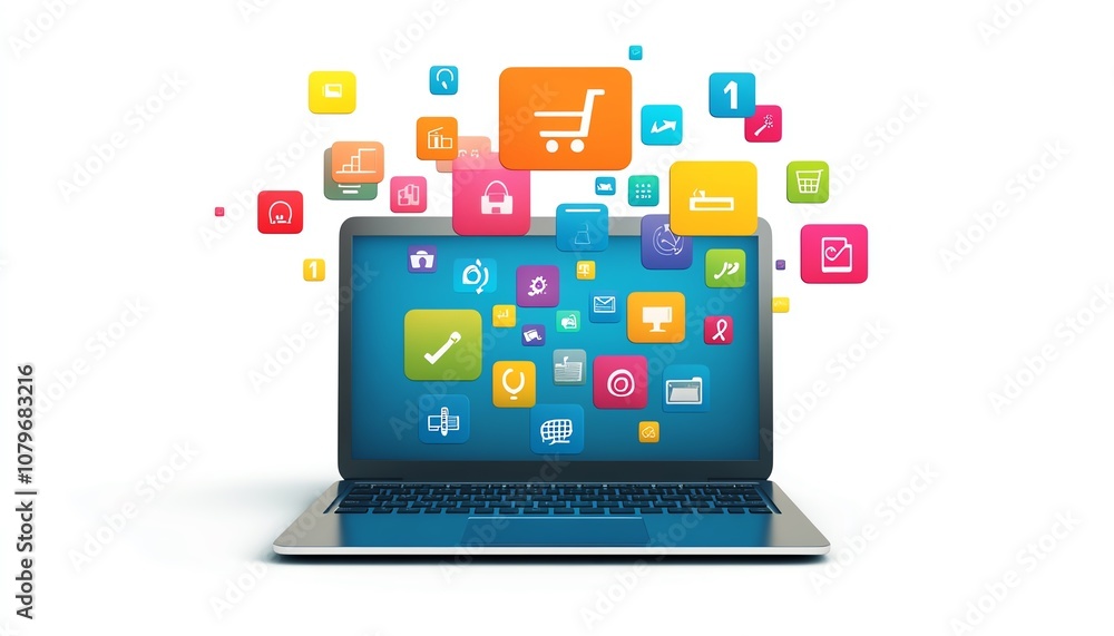 A laptop with colorful digital icons and apps hovering above, representing the digital world of online connectivity, communication, and modern technology in vibrant colors A laptop with colorful digital icons and apps hovering above, representing the digital world of online connectivity, communication, and modern technology in vibrant colors