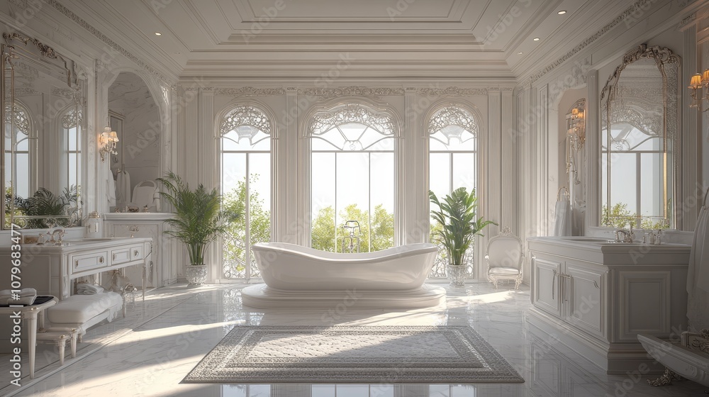 The modern luxurious large bathroom is located in a high-end white mansion, showcasing simple and elegant design elements, large bathtubs, and exquisite facilities, conveying luxury and comfort. The modern luxurious large bathroom is located in a high-end white mansion, showcasing simple and elegant design elements, large bathtubs, and exquisite facilities, conveying luxury and comfort.