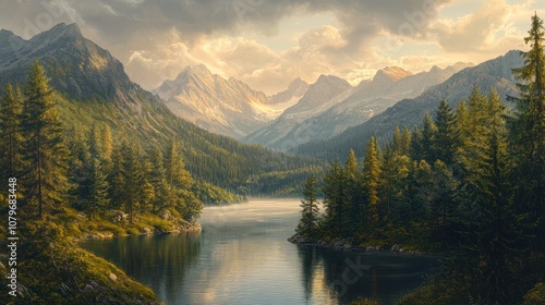 A serene mountain range with a crystal-clear lake nestled in the center, surrounded by tall evergreen trees. The peaceful scene reflects nature's beauty, with snow-capped peaks in the distance.