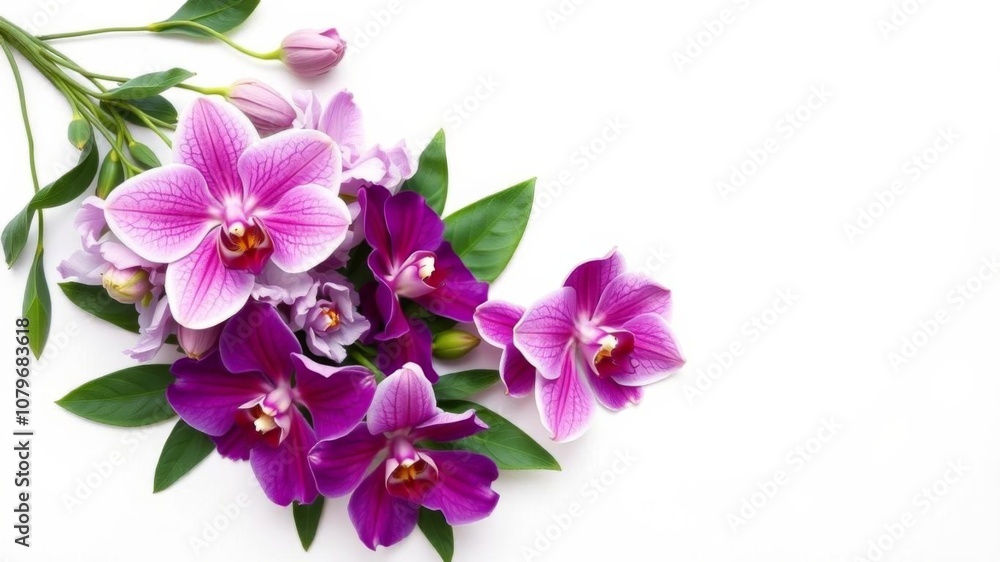 Obraz premium Top view of beautiful fresh purple orchid flowers isolated on white background with copy space, flat lay arrangement, arrangement, purple