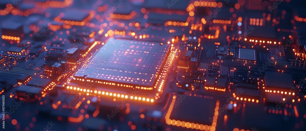 Obraz premium Detailed 3D rendering of a computer motherboard, glowing with digital pathways and circuits, symbolizing digital communication and the future of technology innovation