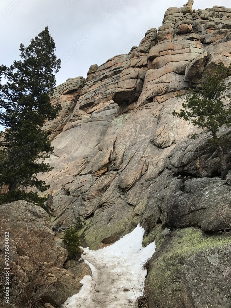 Rocky Cliff Face with Snow and Pine Trees in Colorado's Rocky Mountain National Park Rocky Cliff Face with Snow and Pine Trees in Colorado's Rocky Mountain National Park