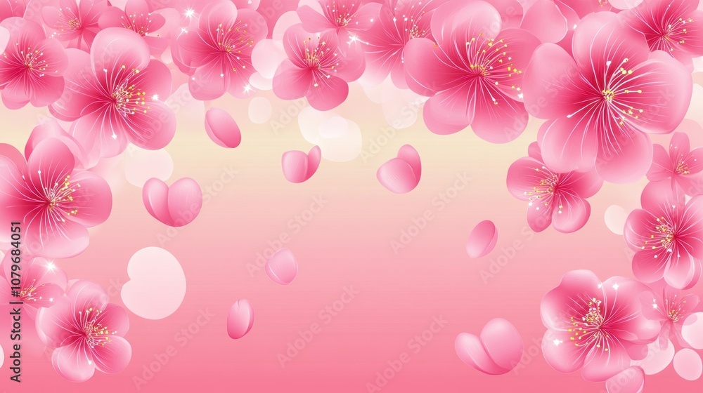 A vibrant floral background with pink blossoms and hearts, perfect for celebrations or invitations. A vibrant floral background with pink blossoms and hearts, perfect for celebrations or invitations.