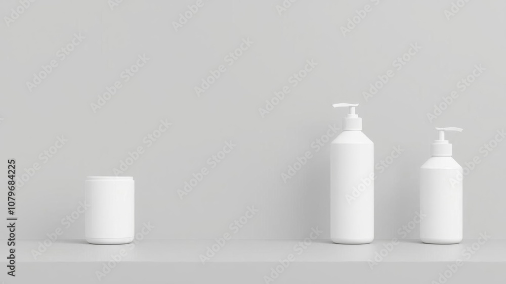 Two plastic shampoo bottles floating on gray background 3d render mockup, bathroom, pharmacy Two plastic shampoo bottles floating on gray background 3d render mockup, bathroom, pharmacy