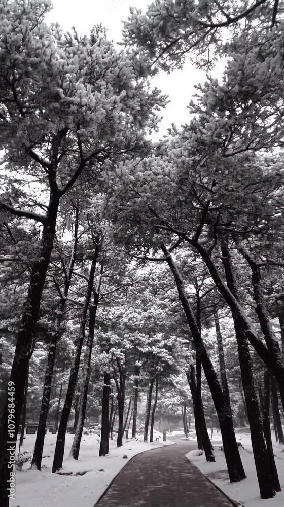 Fototapeta premium Snow-covered trees create a serene winter landscape, inviting tranquility and reflection.