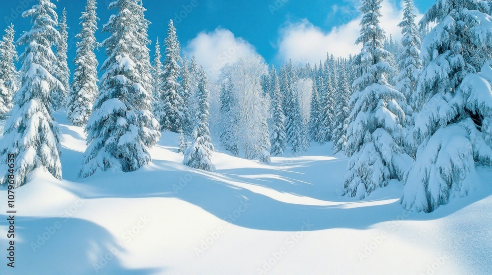 Fototapeta premium A serene winter landscape covered in fresh snow with tall evergreen trees.