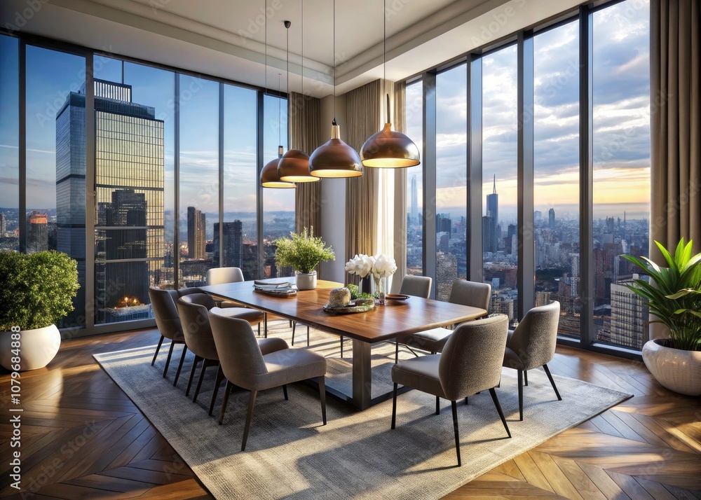 Fototapeta premium Stunning Modern Dining Room with Breathtaking City View, Elegant Decor, Natural Light, Contemporary Design, Urban Lifestyle, Luxury Interiors, Open Space, Aesthetic Atmosphere, Drone Photography