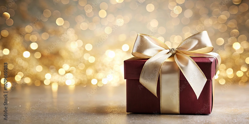 A Burgandy Gift Box Tied with a Gold Ribbon Against a Background of Sparkling Lights A Burgandy Gift Box Tied with a Gold Ribbon Against a Background of Sparkling Lights