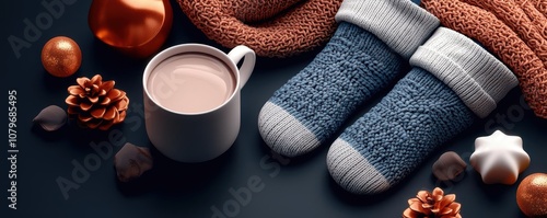 Hot chocolate with milk, cozy socks and a blanket, snuggle-worthy moment, 3D illustration photo