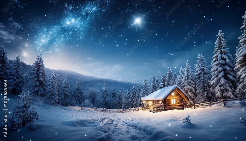 Fototapeta premium A serene winter landscape with snow-covered trees, a cozy cabin glowing with warm lights