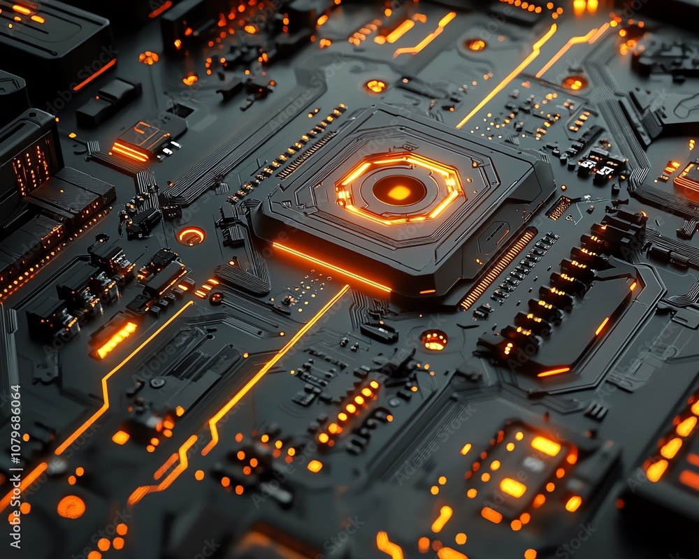 Fototapeta premium 3D illustration of a computer motherboard, futuristic design with glowing circuits and connectors, symbolizing digital communication and advanced technology systems