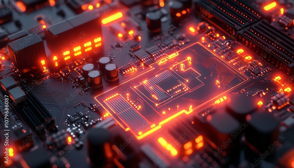3D rendered futuristic motherboard with illuminated circuits, interconnected digital pathways, representing modern technology, communication, and innovation 3D rendered futuristic motherboard with illuminated circuits, interconnected digital pathways, representing modern technology, communication, and innovation