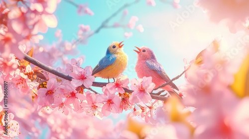 A high-resolution 16:9 image of a pair of colorful birds perched on a blooming cherry blossom branch. The birds are chirping happily, surrounded 