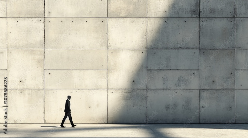 The silhouette of a man walking towards the concrete wall captures the essence of loneliness and simplicity, with simple lines and neutral tones highlighting the minimalist atmosphere. The silhouette of a man walking towards the concrete wall captures the essence of loneliness and simplicity, with simple lines and neutral tones highlighting the minimalist atmosphere.