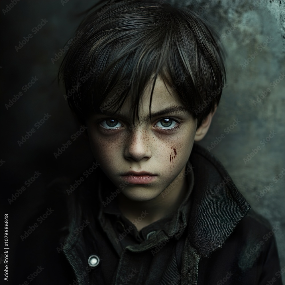 Intense Portrait of a Young Boy with a Scarred Face Intense Portrait of a Young Boy with a Scarred Face