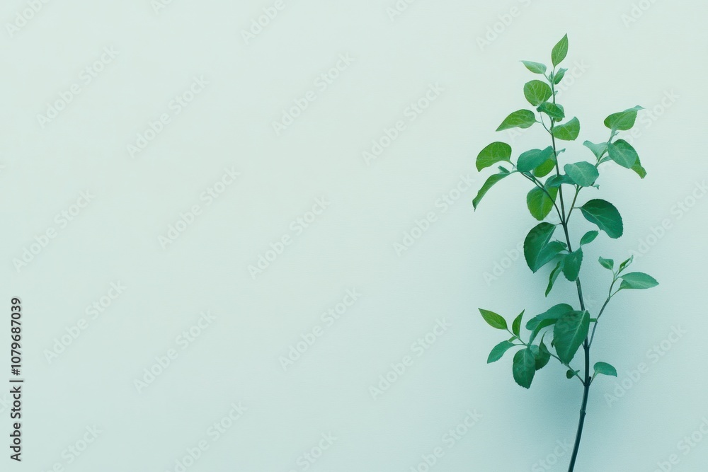 Obraz premium A simple green plant against a soft blue background, symbolizing nature and tranquility.