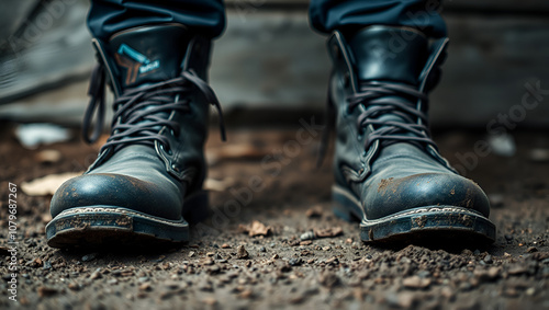 A close-up of a pair of boots standing firmly on the ground, with dirt and scuff marks, symbolizing the harsh and unyielding nature of alt-right beliefs. photo