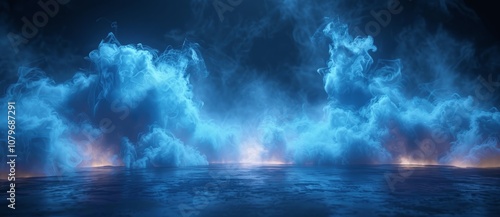 Abstract Blue Glowing Light Background with Smoke, Empty Floor for Product Display, Dark Scene