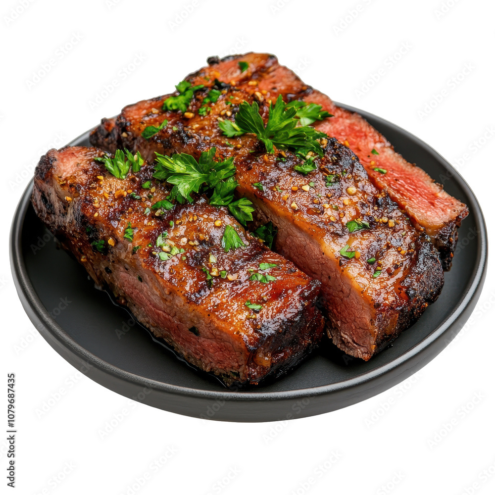 Delicious grilled beef ribs on black plate. transparent background Delicious grilled beef ribs on black plate. transparent background