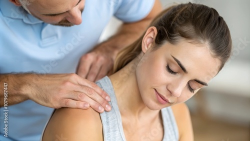 Osteopath working on a woman's shoulder in a Osteopathy  chiropractic physio clinic