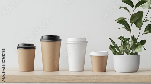 Assorted Coffee Cups and Plant on Wooden Table - Minimalist Design for Cafes and Coffee Shops