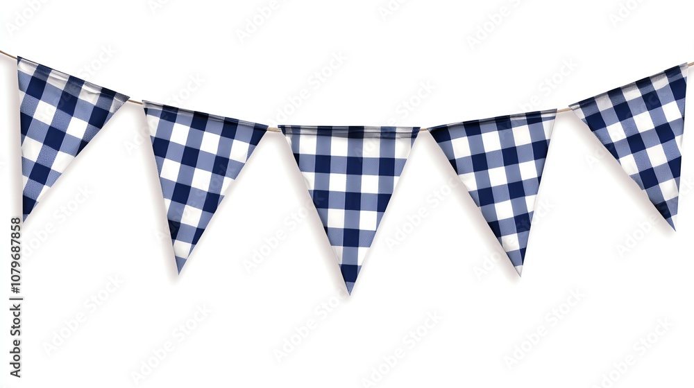 Obraz premium Navy blue and white checkered bunting flags on a string, perfect for celebrations and festive occasions.