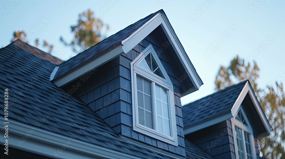 A dormer window with a white frame on a blue house A dormer window with a white frame on a blue house