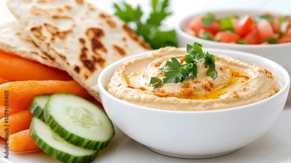 Delicious homemade hummus dip served in a white bowl alongside freshly baked pita bread and an assortment of crisp colorful vegetable crudites such as carrots cucumber and tomatoes A healthy Delicious homemade hummus dip served in a white bowl alongside freshly baked pita bread and an assortment of crisp colorful vegetable crudites such as carrots cucumber and tomatoes A healthy